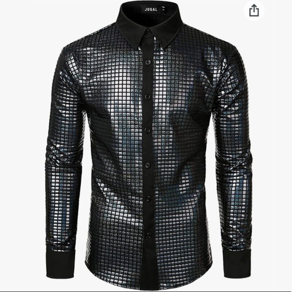 JOGAL Men's Dress Shirt Sequins Button Down Long Sleeve Shirts 70s Disco, Size S